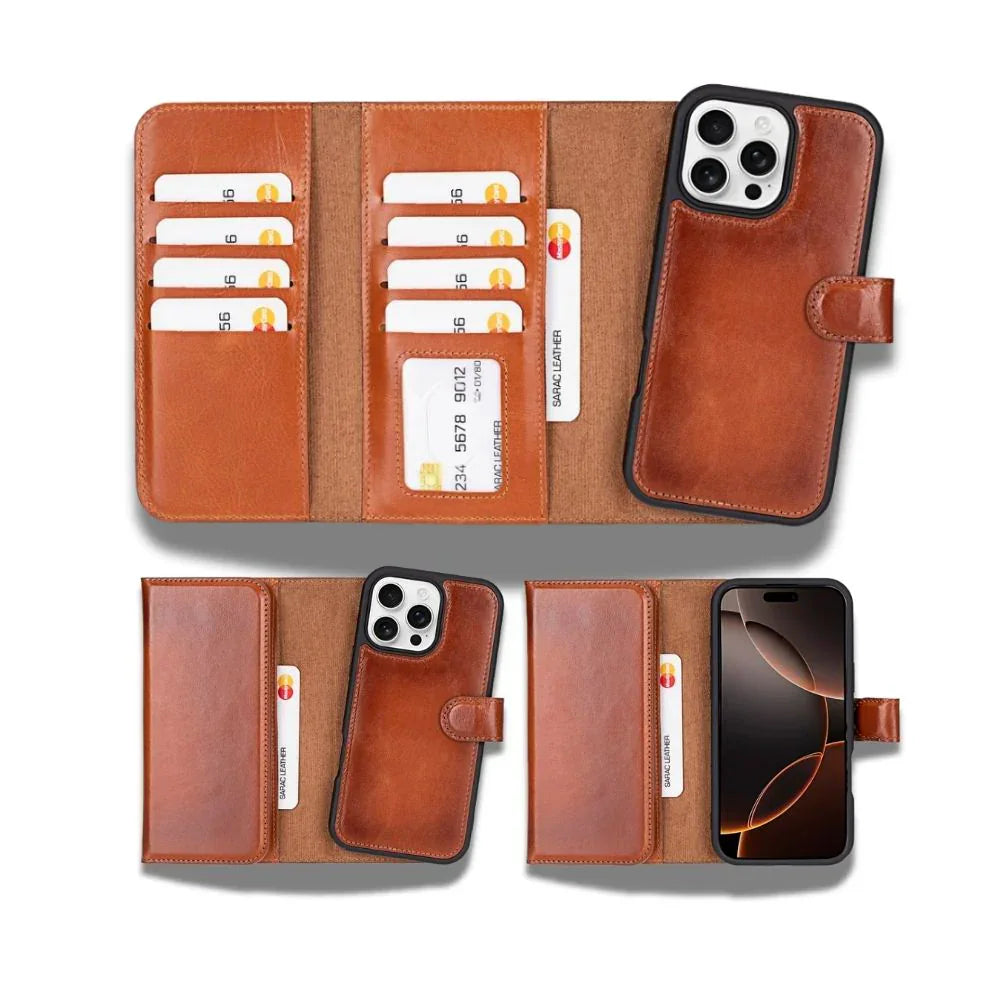 Santa iPhone 16 Pro Leather Detachable Wallet Case Tan Bouletta