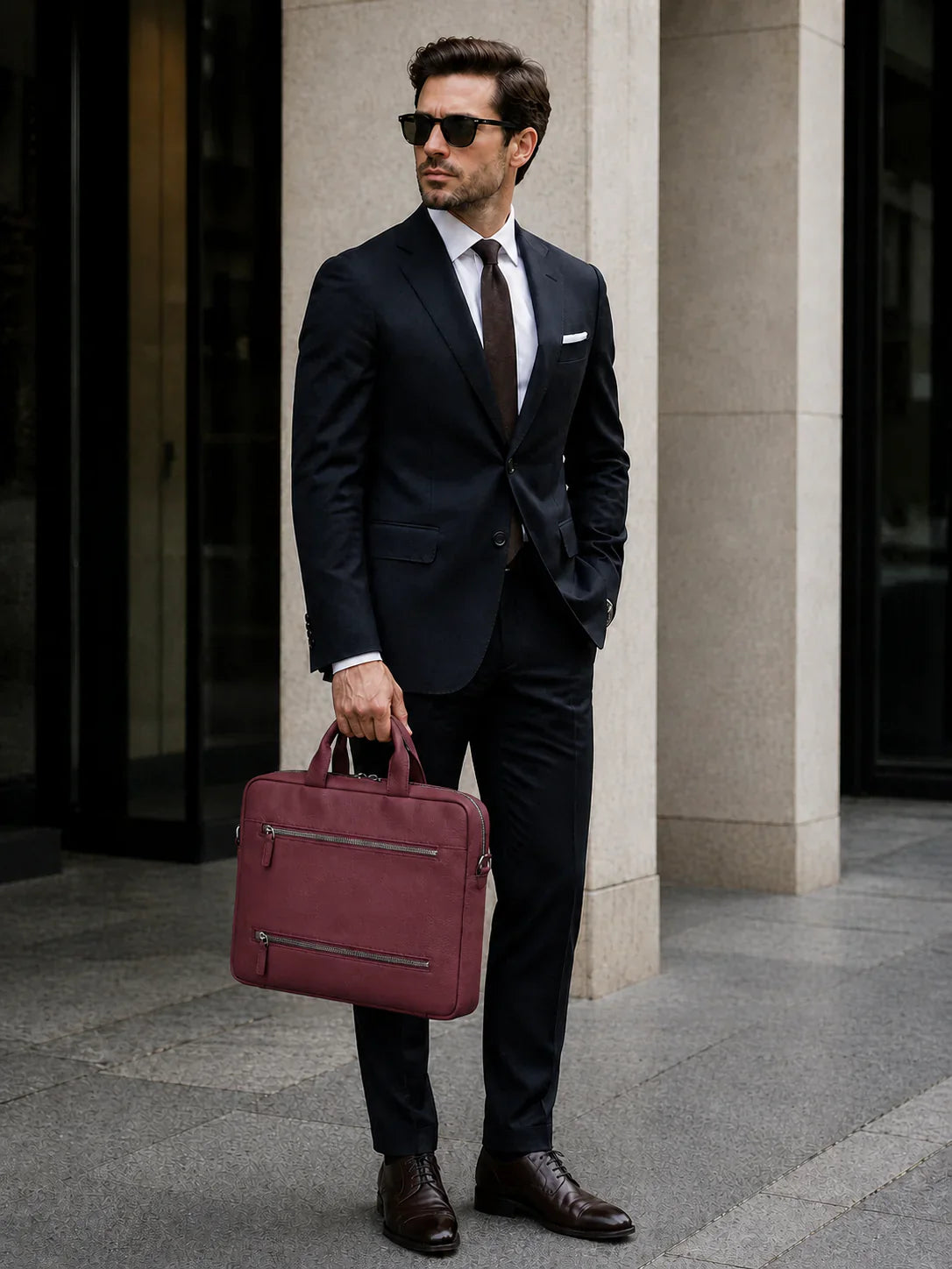 Truro Leather Business Briefcase / Laptop Case 14" with Suitcase Bordeaux Bouletta