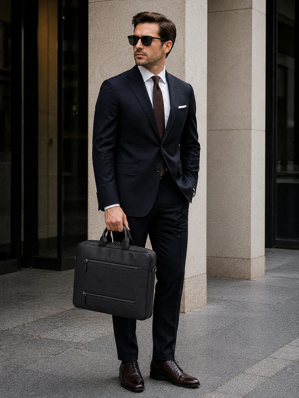 Truro Leather Business Briefcase / Laptop Case 16" with Suitcase Black Bouletta