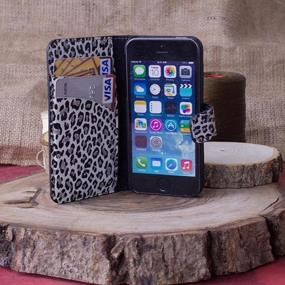 Wallet Case iPhone 5/5S Non-Detachable Genuine Leather Wallet Case - WC LEOPARD WHITE PLM