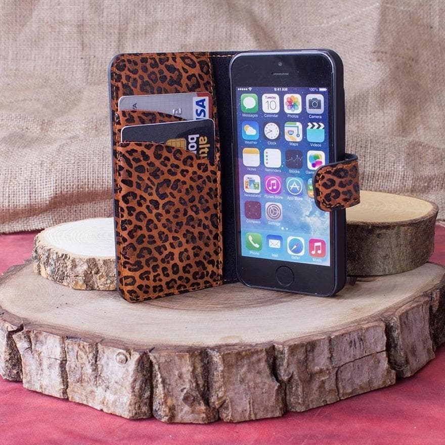 Wallet Case iPhone 5/5S Non-Detachable Genuine Leather Wallet Case - WC LEOPARD BLAZE PLM