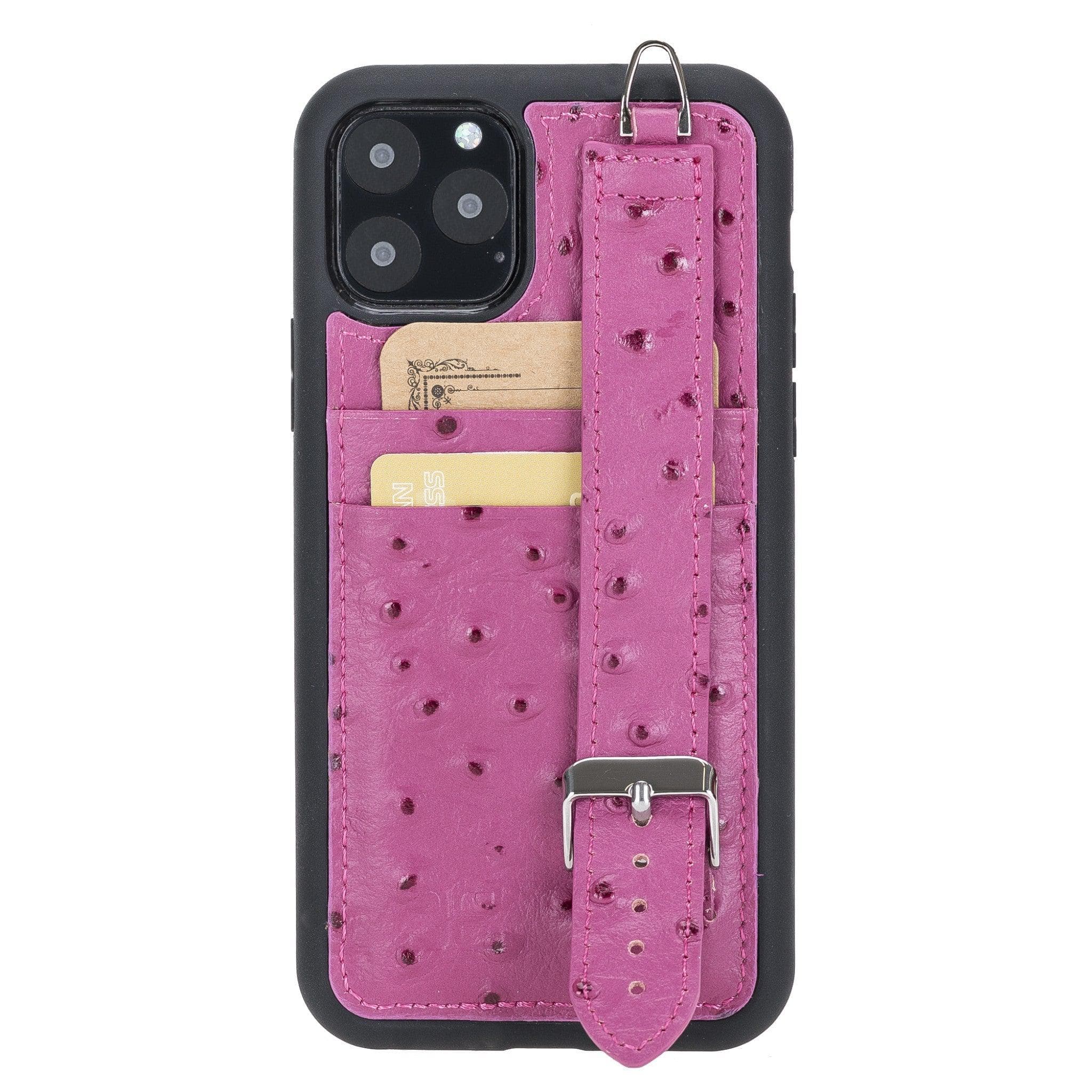 Flexible Leather Back Cover with Hand Strap for iPhone 11 Series iPhone 11 Pro Max / Ostrich Pink Bouletta LTD