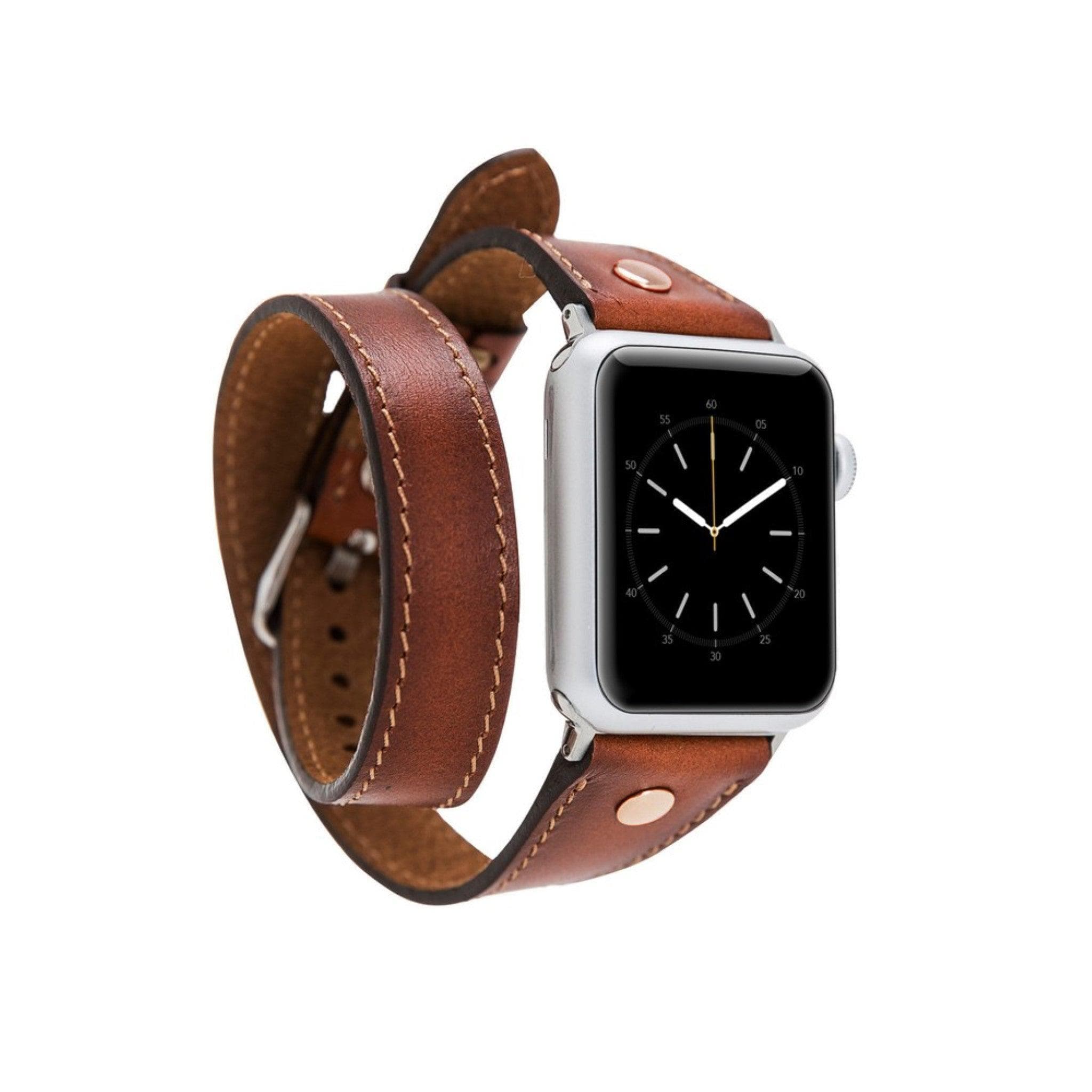 Leeds Double Tour Slim with Rose Gold Bead Apple Watch Leather Straps Tan Bouletta