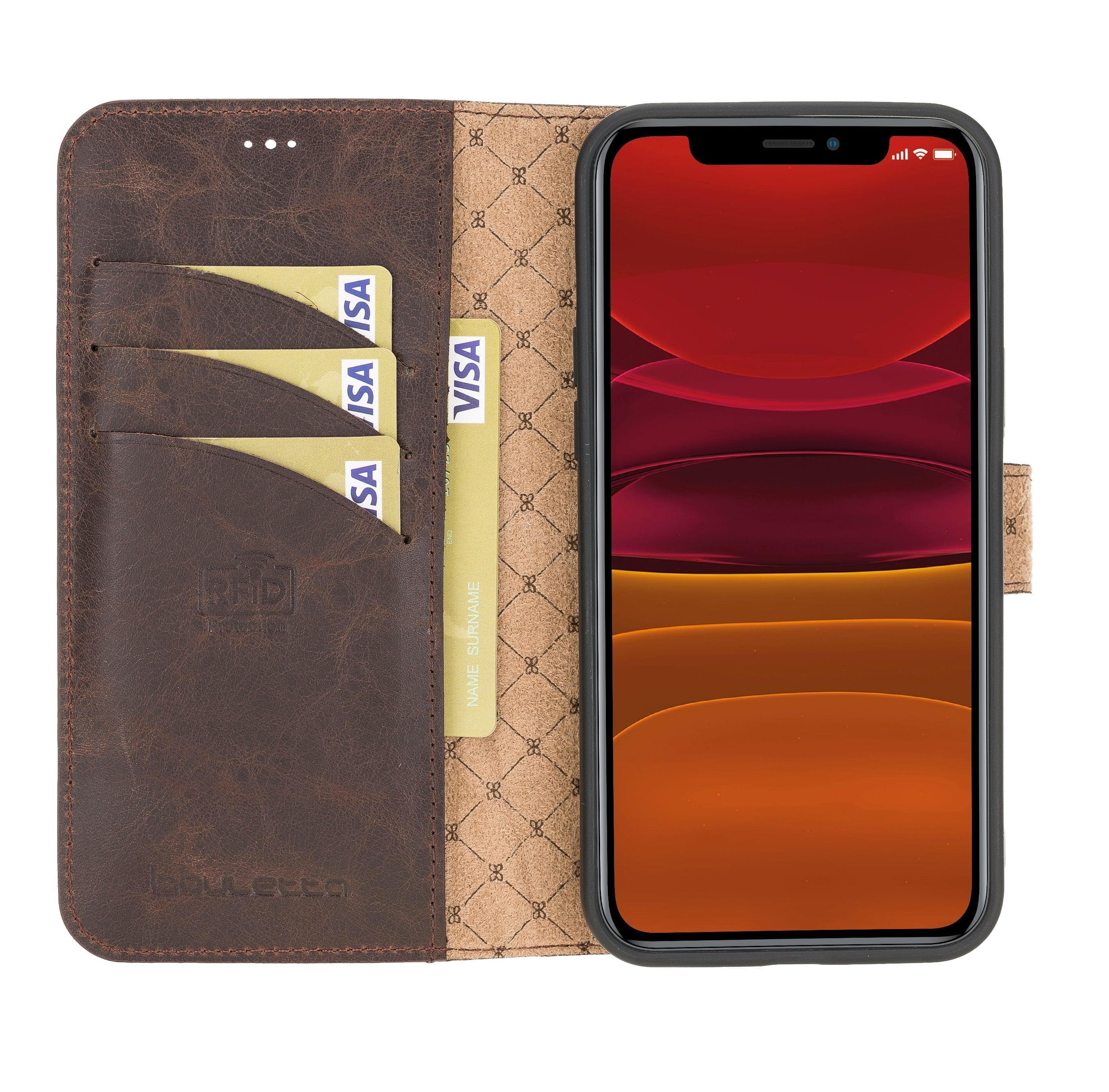 Non Detachable Leather Wallet Cases for Apple iPhone 12 Series iPhone 12 Pro - iPhone 12 / Dark Brown Bouletta LTD