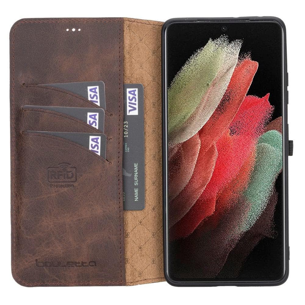 Non-Detachable Leather Wallet Cases for Samsung Galaxy S21 Series S21 Ultra 6.8" / Dark Brown Bouletta LTD